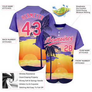 Custom Purple Neon Pink-White 3D Pattern Design Hawaii Palm Trees And Beach Sunrise Authentic Baseball Jersey