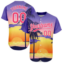 Load image into Gallery viewer, Custom Purple Neon Pink-White 3D Pattern Design Hawaii Palm Trees And Beach Sunrise Authentic Baseball Jersey
