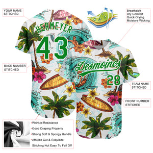 Custom White Grass Green 3D Pattern Design Hawaii Palm Trees And Beach Surfing Authentic Baseball Jersey