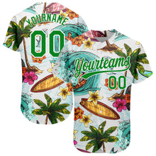 Load image into Gallery viewer, Custom White Grass Green 3D Pattern Design Hawaii Palm Trees And Beach Surfing Authentic Baseball Jersey
