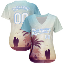 Load image into Gallery viewer, Custom Light Blue White 3D Pattern Design Hawaii Palm Trees And Beach Dusk Authentic Baseball Jersey
