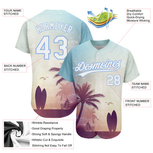 Custom Light Blue White 3D Pattern Design Hawaii Palm Trees And Beach Dusk Authentic Baseball Jersey