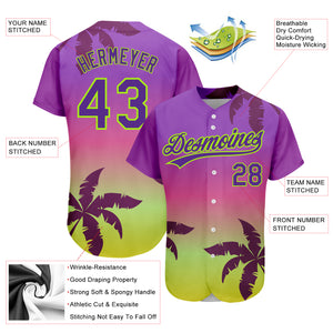 Custom Purple Neon Green 3D Pattern Design Hawaii Palm Trees Authentic Baseball Jersey