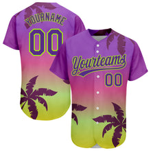 Load image into Gallery viewer, Custom Purple Neon Green 3D Pattern Design Hawaii Palm Trees Authentic Baseball Jersey
