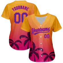 Load image into Gallery viewer, Custom Gold Purple-Hot Pink 3D Pattern Design Hawaii Palm Trees Authentic Baseball Jersey
