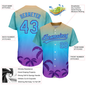 Custom Sky Blue Purple 3D Pattern Design Hawaii Palm Trees Authentic Baseball Jersey