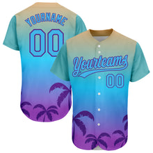 Load image into Gallery viewer, Custom Sky Blue Purple 3D Pattern Design Hawaii Palm Trees Authentic Baseball Jersey
