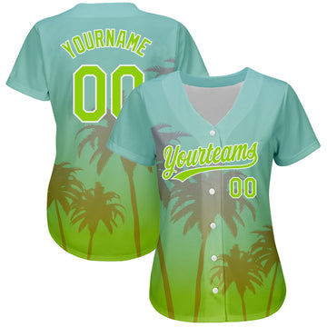Custom Aqua Neon Green-White 3D Pattern Design Hawaii Palm Trees Authentic Baseball Jersey