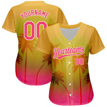 Load image into Gallery viewer, Custom Gold Neon Pink-White 3D Pattern Design Hawaii Palm Trees Authentic Baseball Jersey
