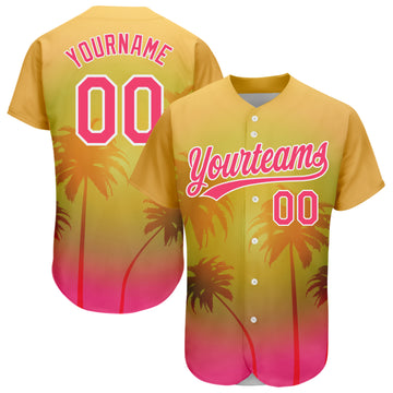 Custom Gold Neon Pink-White 3D Pattern Design Hawaii Palm Trees Authentic Baseball Jersey