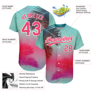 Custom Aqua Neon Pink-White 3D Pattern Design Hawaii Palm Leaves Authentic Baseball Jersey