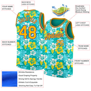 Custom Aqua Gold-Purple 3D Pattern Hawaii Flowers Authentic Basketball Jersey