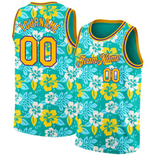 Load image into Gallery viewer, Custom Aqua Gold-Purple 3D Pattern Hawaii Flowers Authentic Basketball Jersey
