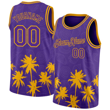 Custom Purple Gold 3D Pattern Hawaii Palm Trees Authentic Basketball Jersey