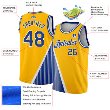 Custom Gold Royal-White Triangle Pinstripes Authentic City Edition Basketball Jersey