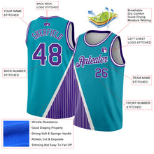 Load image into Gallery viewer, Custom Teal Purple-White Triangle Pinstripes Authentic City Edition Basketball Jersey
