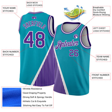 Custom Teal Purple-White Triangle Pinstripes Authentic City Edition Basketball Jersey