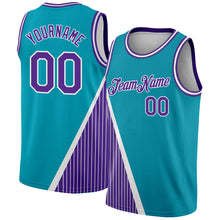 Load image into Gallery viewer, Custom Teal Purple-White Triangle Pinstripes Authentic City Edition Basketball Jersey
