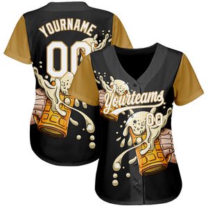 Custom Black White-Old Gold 3D Pattern Design Beer Festival Authentic Baseball Jersey