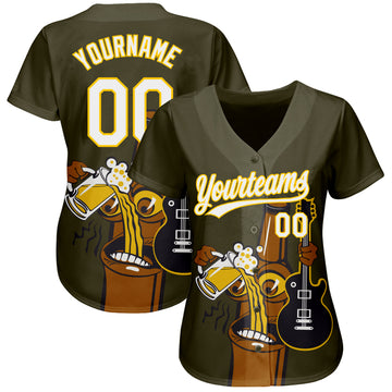Custom Olive White-Yellow 3D Pattern Design Beer And Music Authentic Baseball Jersey