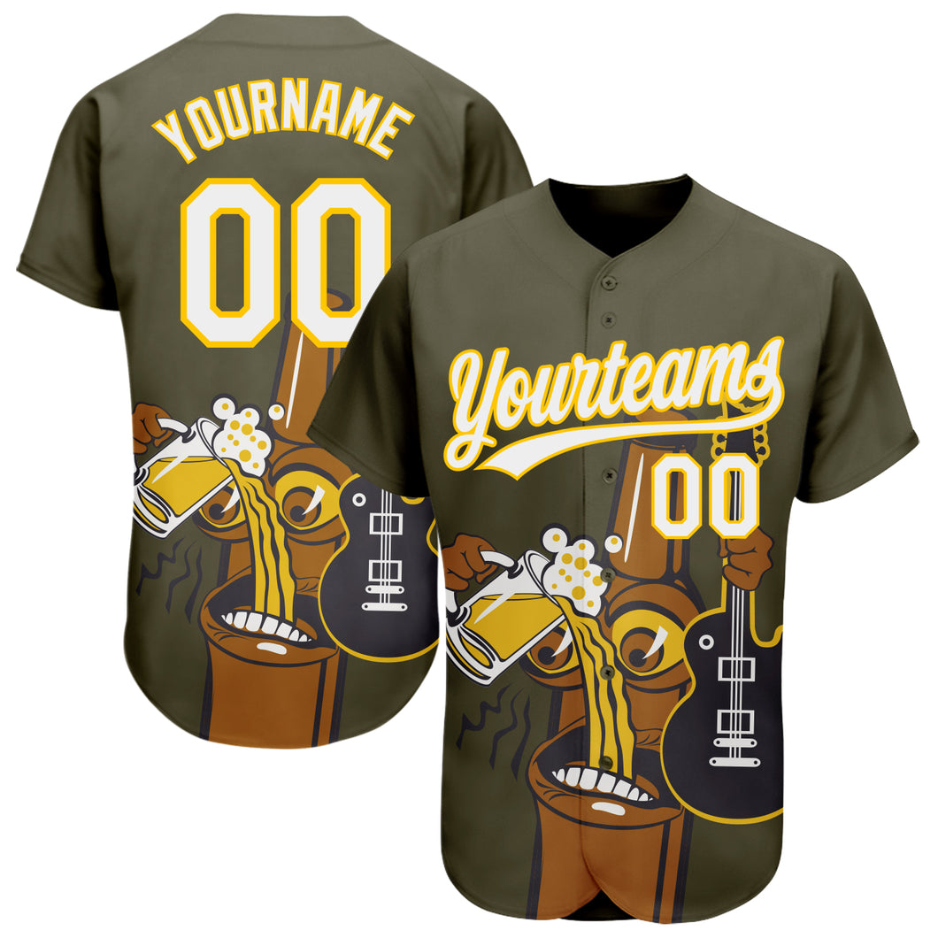 Custom Olive White-Yellow 3D Pattern Design Beer And Music Authentic Baseball Jersey