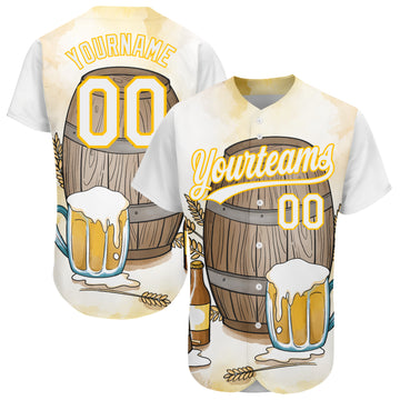 Custom White Yellow 3D Pattern Design International Beer Day Authentic Baseball Jersey