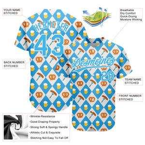 Custom White Sky Blue 3D Pattern Design Beer Festival Authentic Baseball Jersey