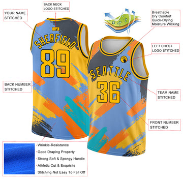 Custom Light Blue Gold-Black 3D Pattern Design Abstract Brush Stroke Shapes Authentic Basketball Jersey