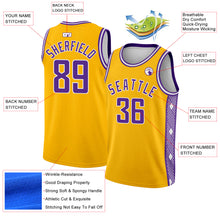 Load image into Gallery viewer, Custom Gold Purple-White Side Panel Abstract Lines Authentic City Edition Basketball Jersey
