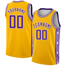 Load image into Gallery viewer, Custom Gold Purple-White Side Panel Abstract Lines Authentic City Edition Basketball Jersey
