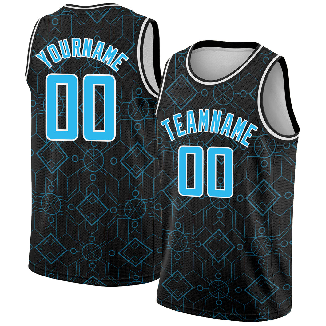 Custom Black Sky Blue-White Geometric Shapes Authentic City Edition Basketball Jersey