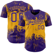 Load image into Gallery viewer, Custom Purple Gold 3D Pattern Design Abstract Splatter Grunge Art Authentic Baseball Jersey
