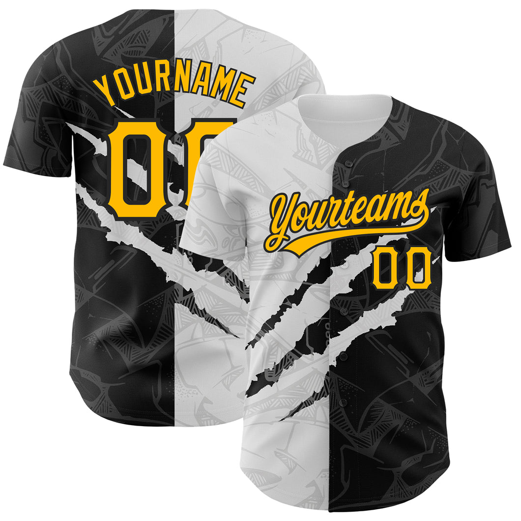 Custom Graffiti Pattern Gold-Black 3D Scratch Authentic Baseball Jersey