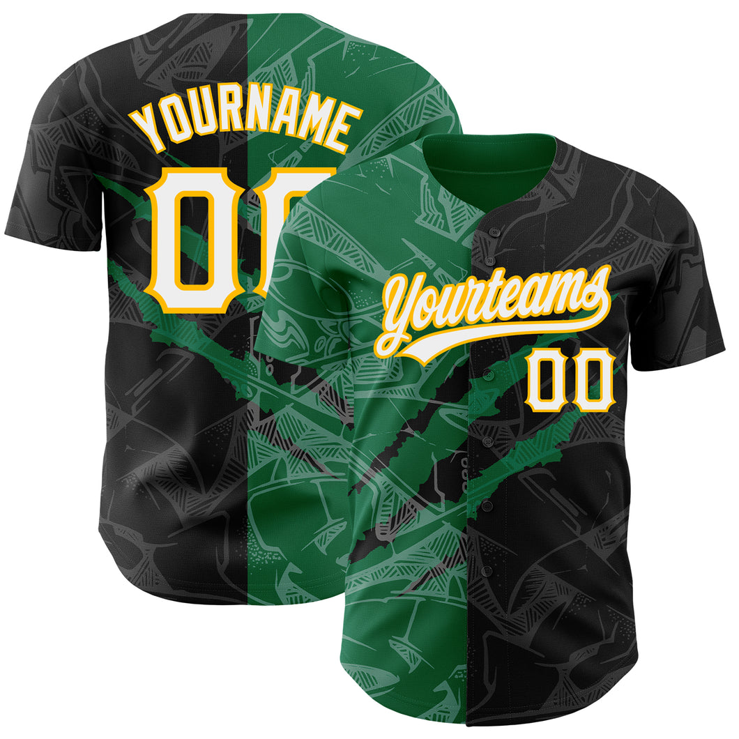 Custom Graffiti Pattern Black Kelly Green-Gold 3D Scratch Authentic Baseball Jersey