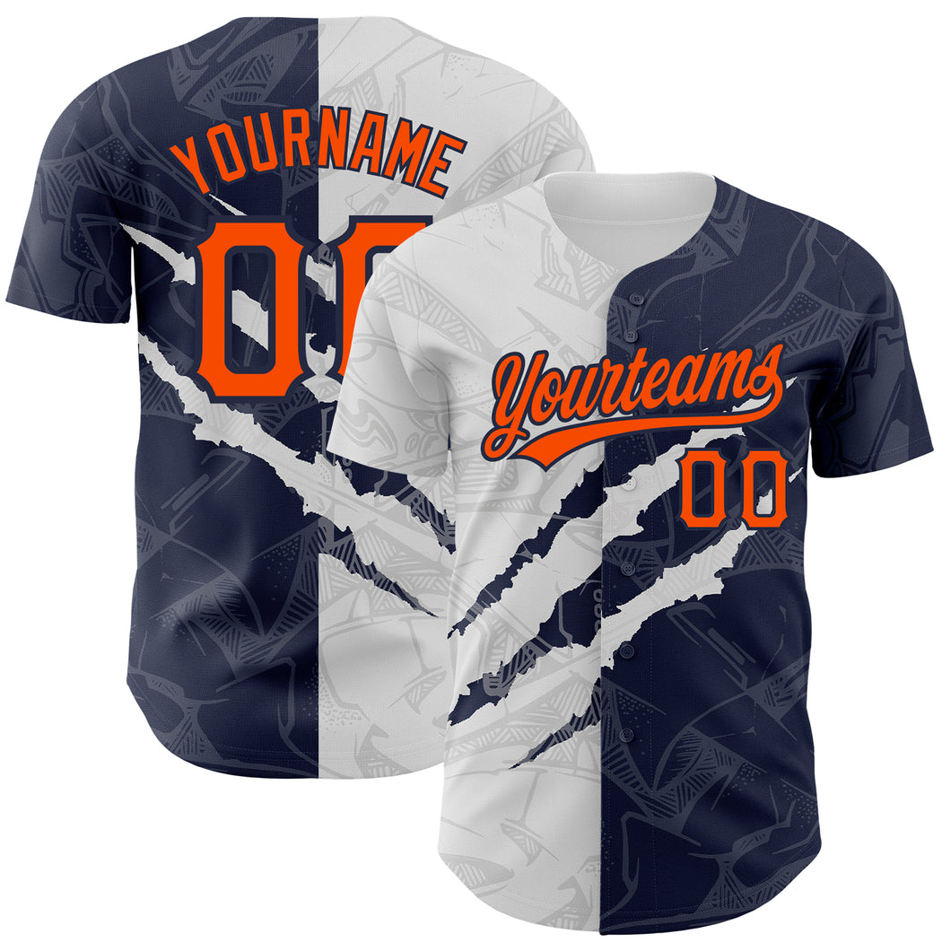 Custom Graffiti Pattern Orange-Navy 3D Scratch Authentic Baseball Jersey