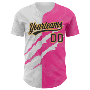 Custom Graffiti Pattern Black Pink-Old Gold 3D Scratch Authentic Baseball Jersey