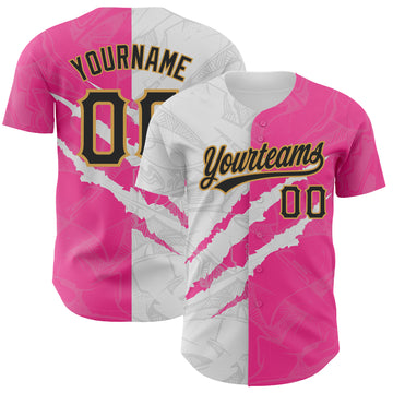 Custom Graffiti Pattern Black Pink-Old Gold 3D Scratch Authentic Baseball Jersey