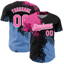 Load image into Gallery viewer, Custom Black Pink-Light Blue 3D Pattern Design Abstract Brush Stroke Authentic Baseball Jersey
