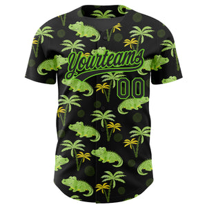 Custom Black Aurora Green 3D Pattern Design Crocodile And Tropical Hawaii Palm Trees Authentic Baseball Jersey