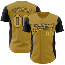 Load image into Gallery viewer, Custom Old Gold Black 3D Pattern Design Side Stripes Authentic Baseball Jersey
