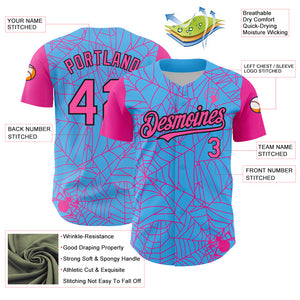 Custom Sky Blue Pink-Black 3D Pattern Design Spider Web Authentic Baseball Jersey