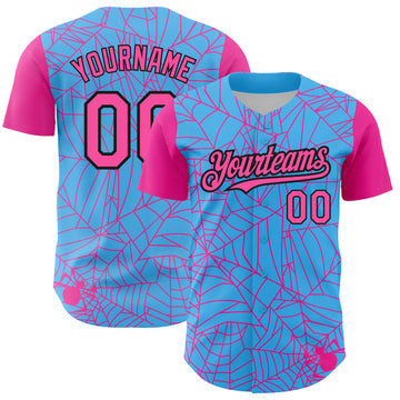 Custom Sky Blue Pink-Black 3D Pattern Design Spider Web Authentic Baseball Jersey