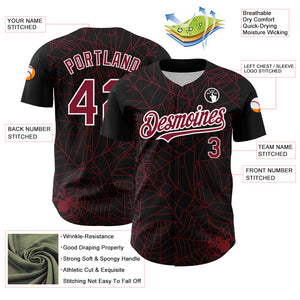 Custom Black Crimson-White 3D Pattern Design Spider Web Authentic Baseball Jersey