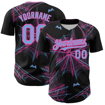 Custom Black Light Blue-Pink 3D Pattern Design Spider Web Authentic Baseball Jersey
