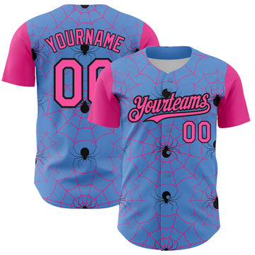 Custom Light Blue Pink-Black 3D Pattern Design Spider Web Authentic Baseball Jersey