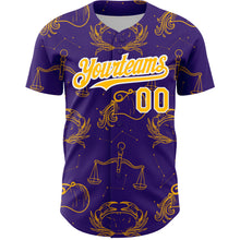 Load image into Gallery viewer, Custom Purple Gold-White 3D Pattern Design Zodiac Authentic Baseball Jersey
