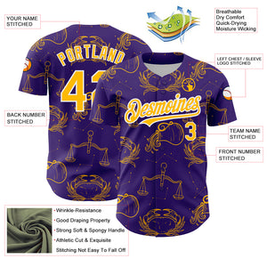 Custom Purple Gold-White 3D Pattern Design Zodiac Authentic Baseball Jersey