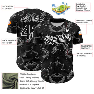 Custom Black White 3D Pattern Design Zodiac Authentic Baseball Jersey