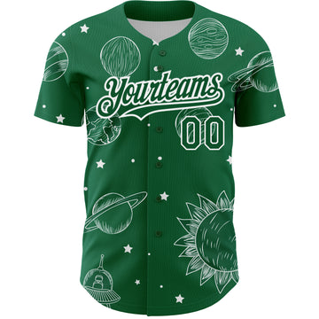 Custom Kelly Green White 3D Pattern Design Planets Authentic Baseball Jersey