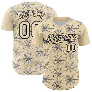Custom Cream Black 3D Pattern Design Spider Web Authentic Baseball Jersey